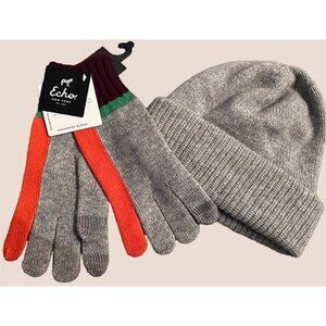NWT Echo warm cashmere blend set: tech touch gloves + knit hat, OS